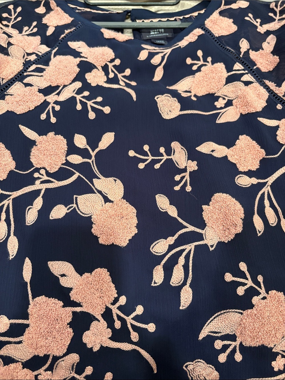Maeve Anthropologie Navy Top with Pink Floral Chenille Embroidery - Picture 4 of 4